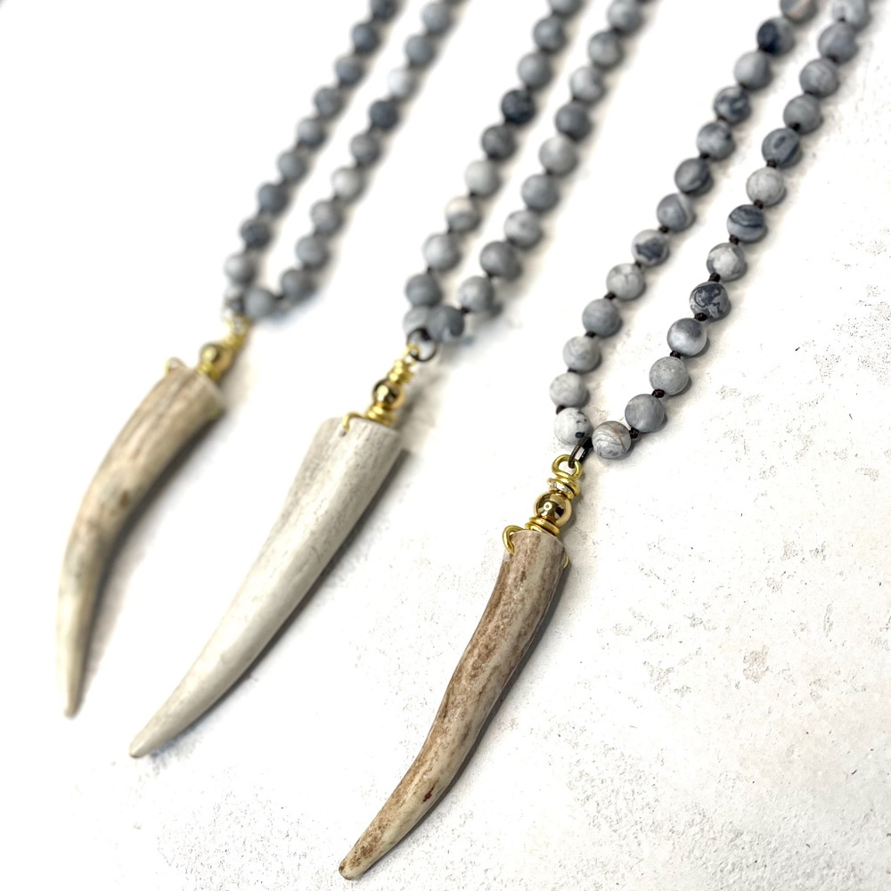 Deer Antler Gemstone Necklace. Gray Jasper